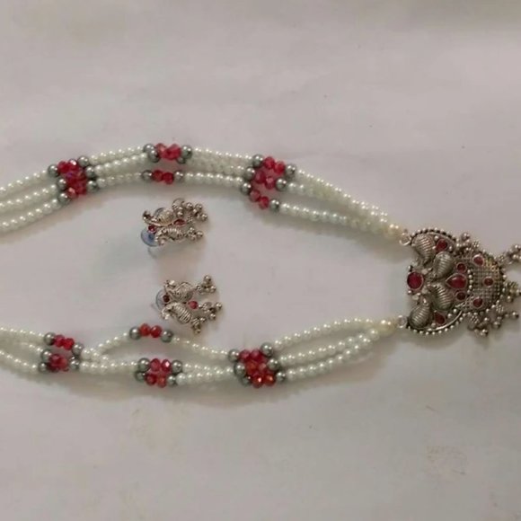 Pearls Beaded Chain Jewelry Set, Tribal Jewelry Set, Beaded Chain Pendant Neckla - Picture 7 of 10